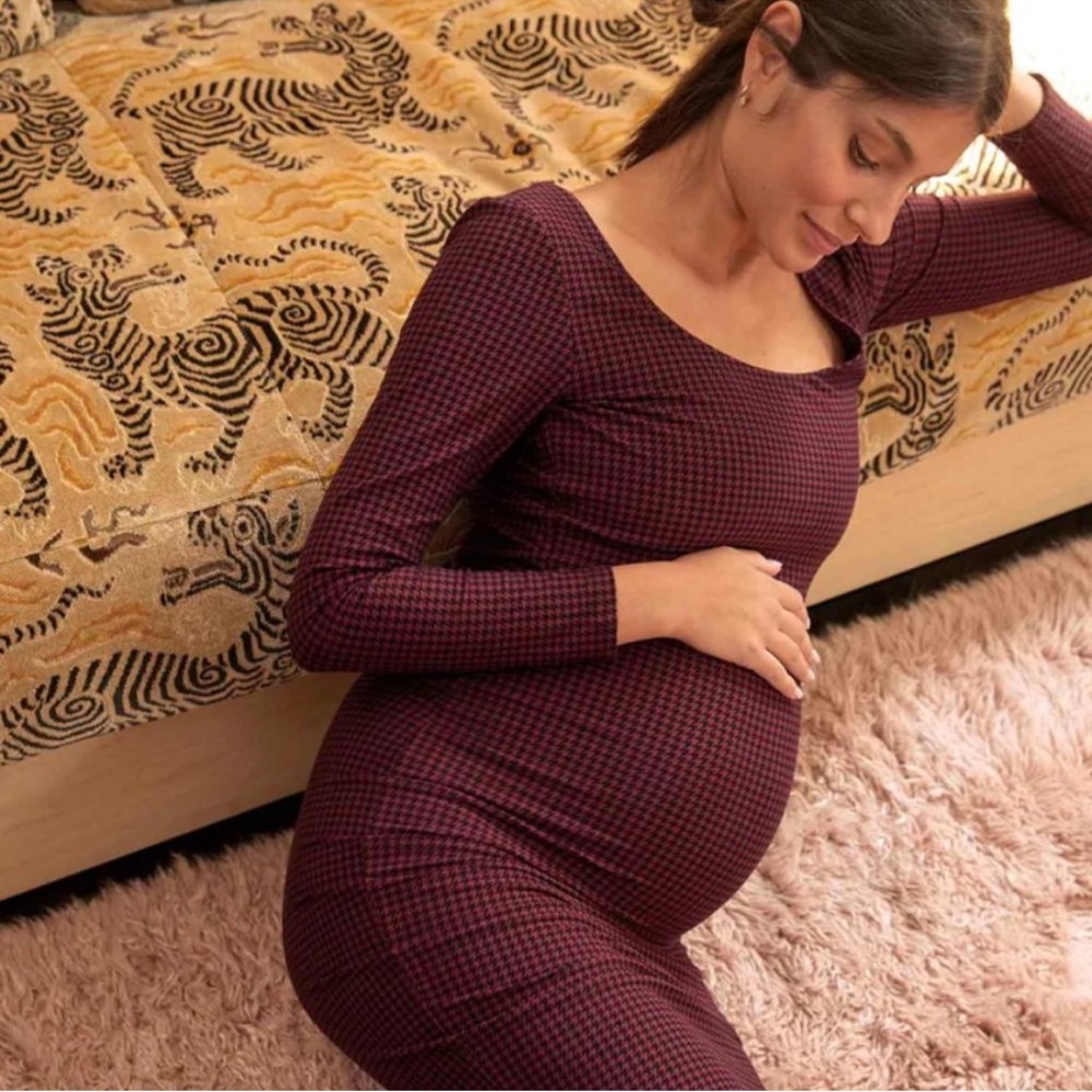 Hatch Burgundy Houndstooth Long Sleeve Maternity Dress